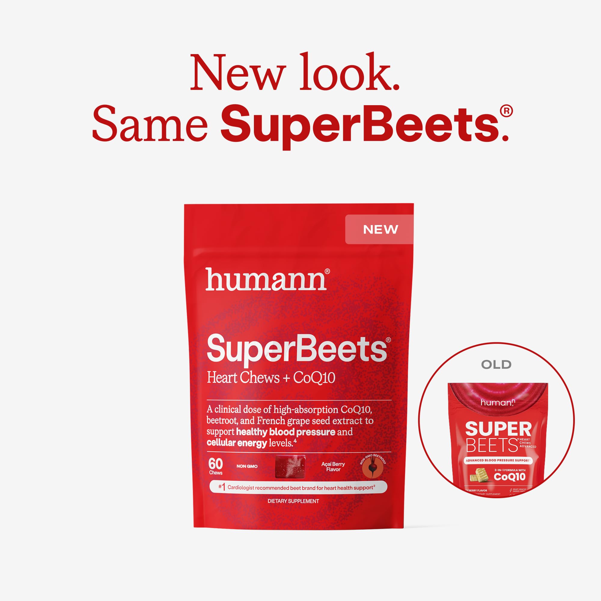 Humann SuperBeets Heart Chews bottle side with heart health labeling.