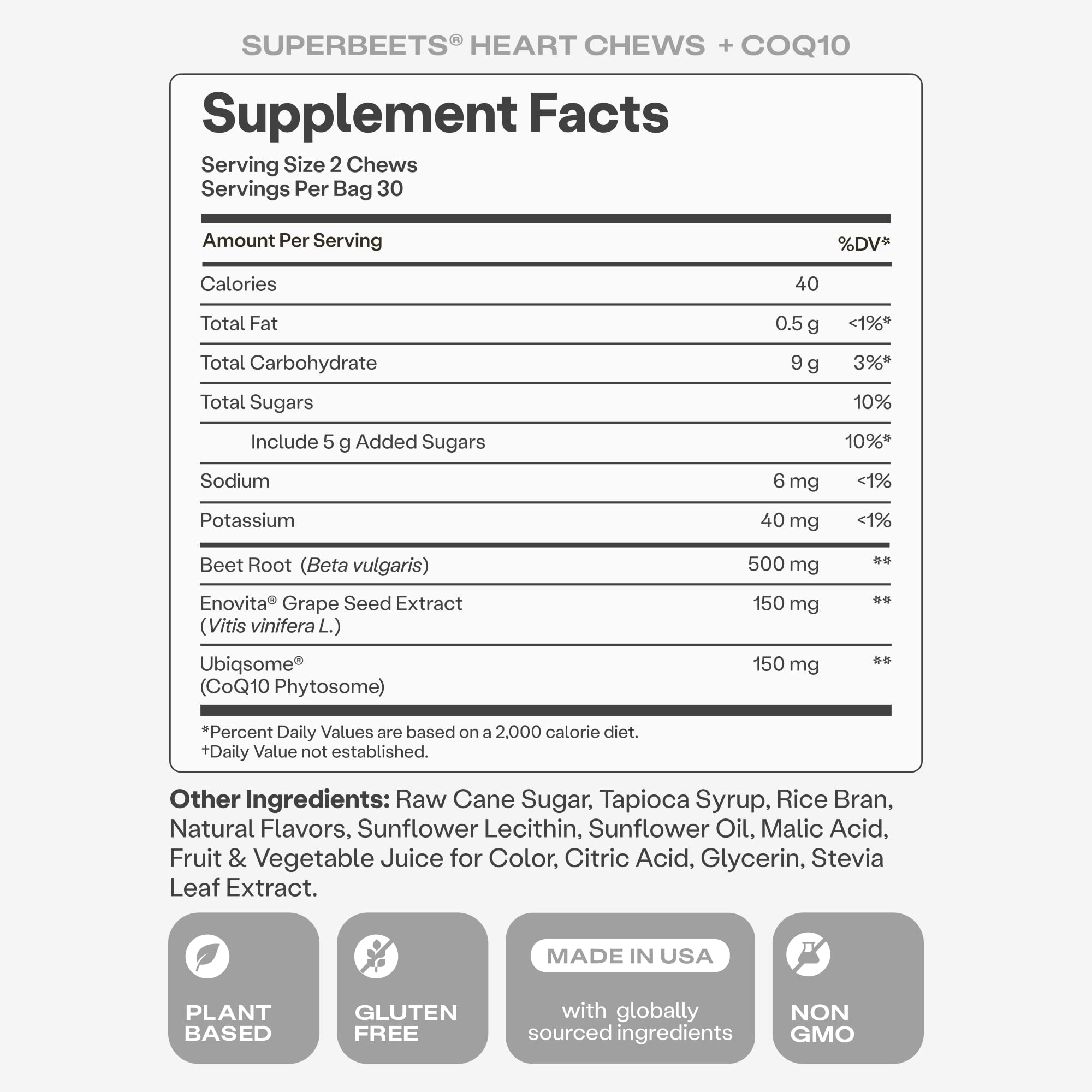 Humann SuperBeets Heart Chews nutrition panel detailing daily serving.