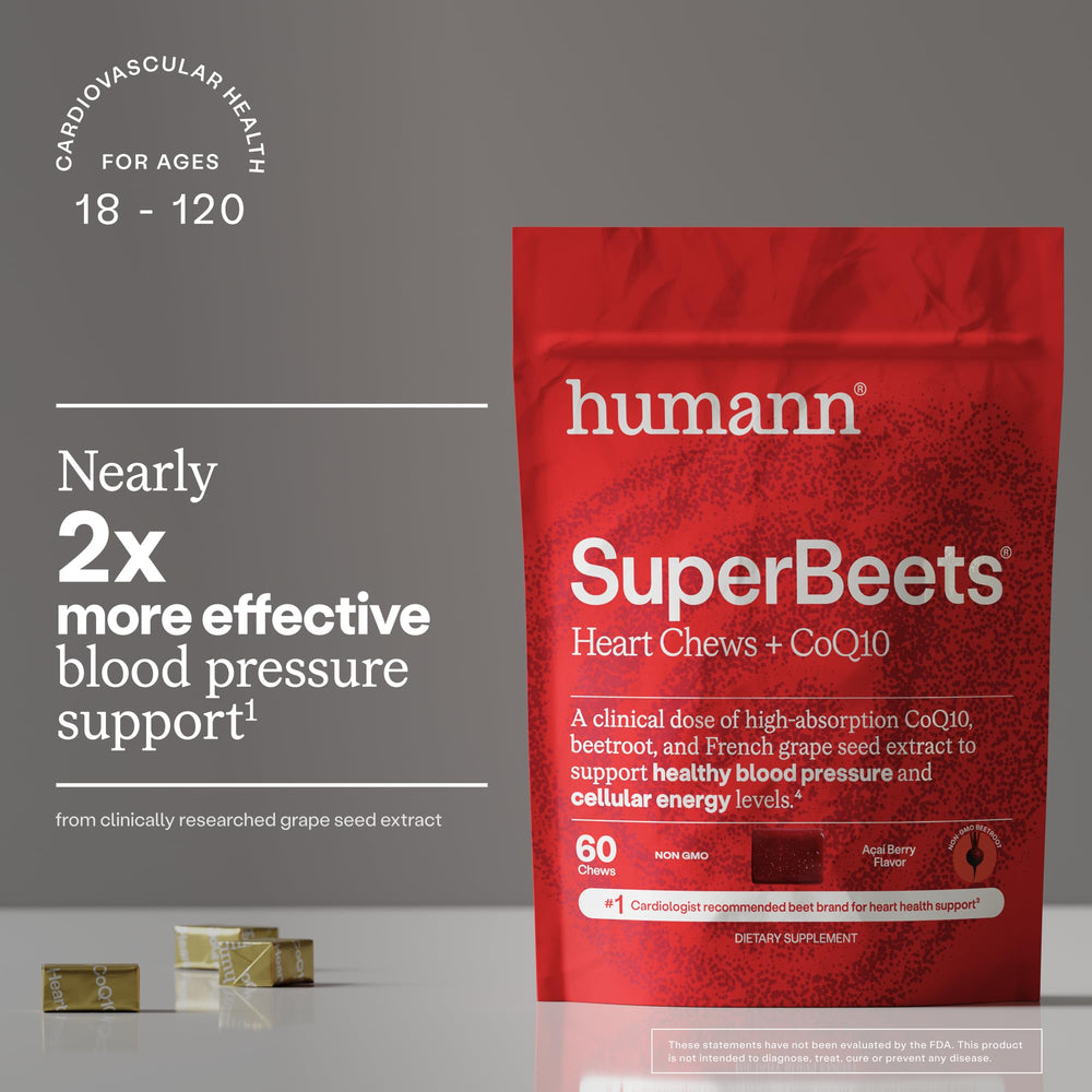 Humann SuperBeets Heart Chews packaging label shows non-GMO beet blend.