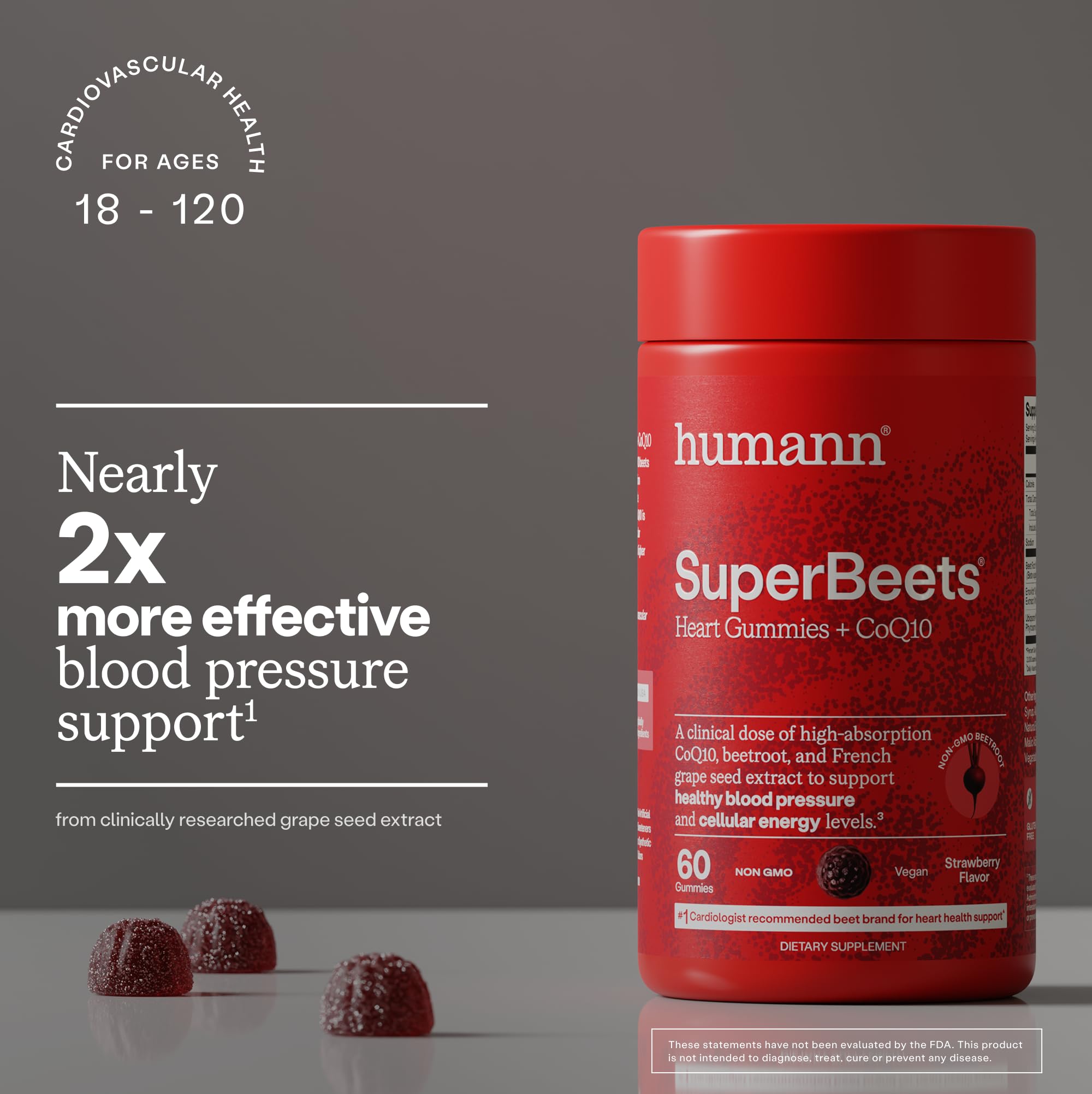 Humann SuperBeets Heart Gummies beet root powder visual emphasizes plant-based ingredient.
