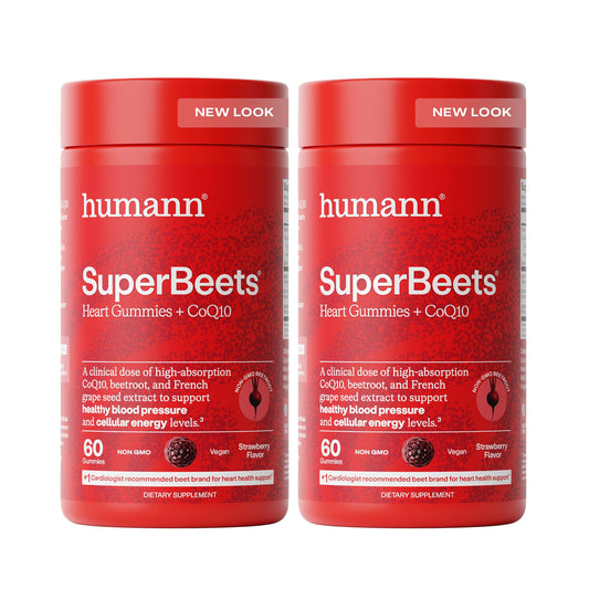 Humann SuperBeets Heart Gummies bottle front view, strawberry flavor, and clear label.