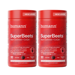 Humann SuperBeets Heart Gummies bottle front view, strawberry flavor, and clear label.