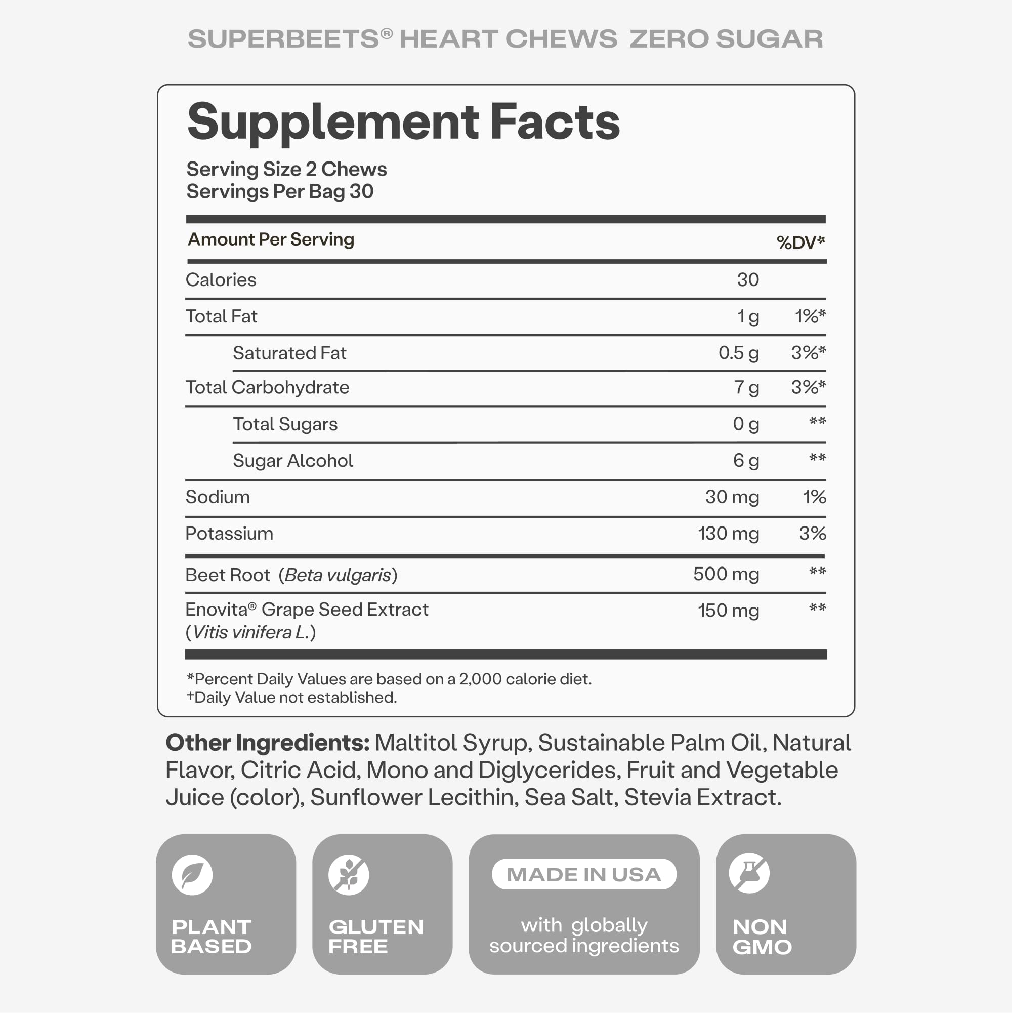 Humann SuperBeets Heart Chews with 500 mg beet root powder.