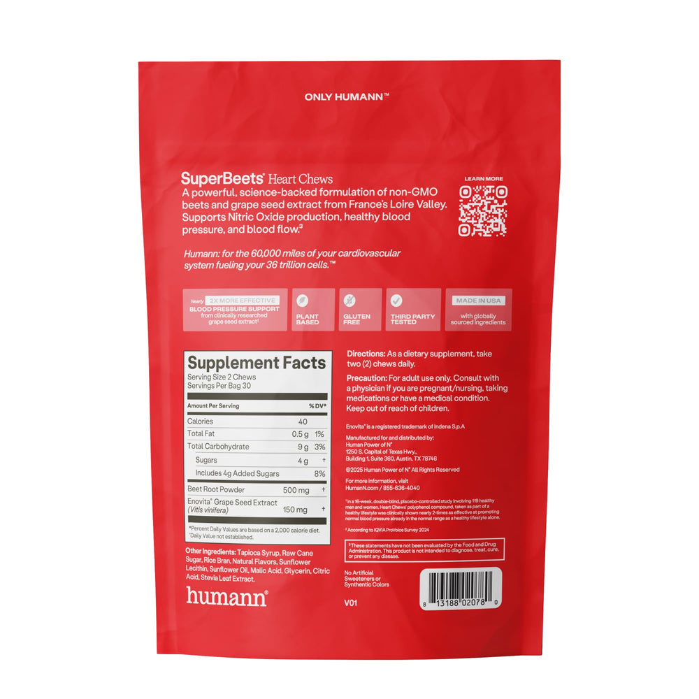 Humann SuperBeets Heart Chews nutrition facts — antioxidant-friendly beet and grape seed