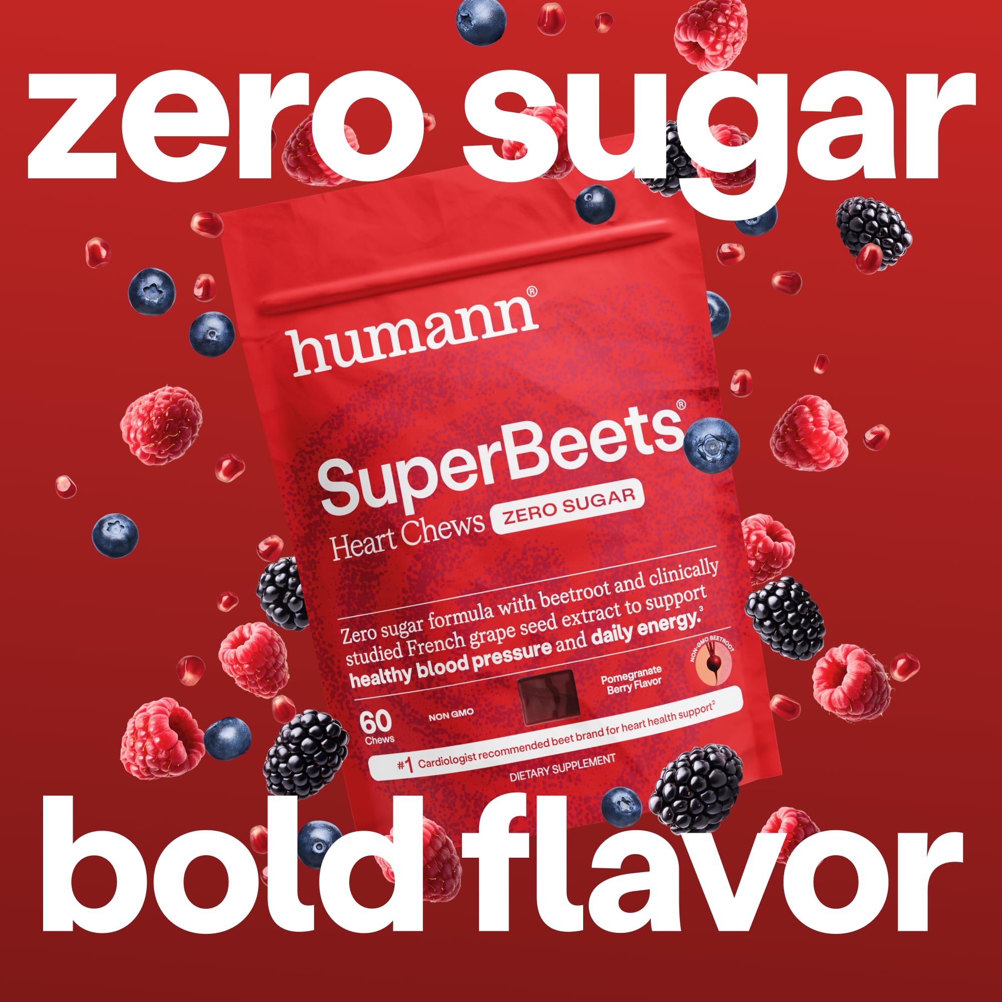 Close-up of beet root powder in Humann Heart Chews for antioxidant support.