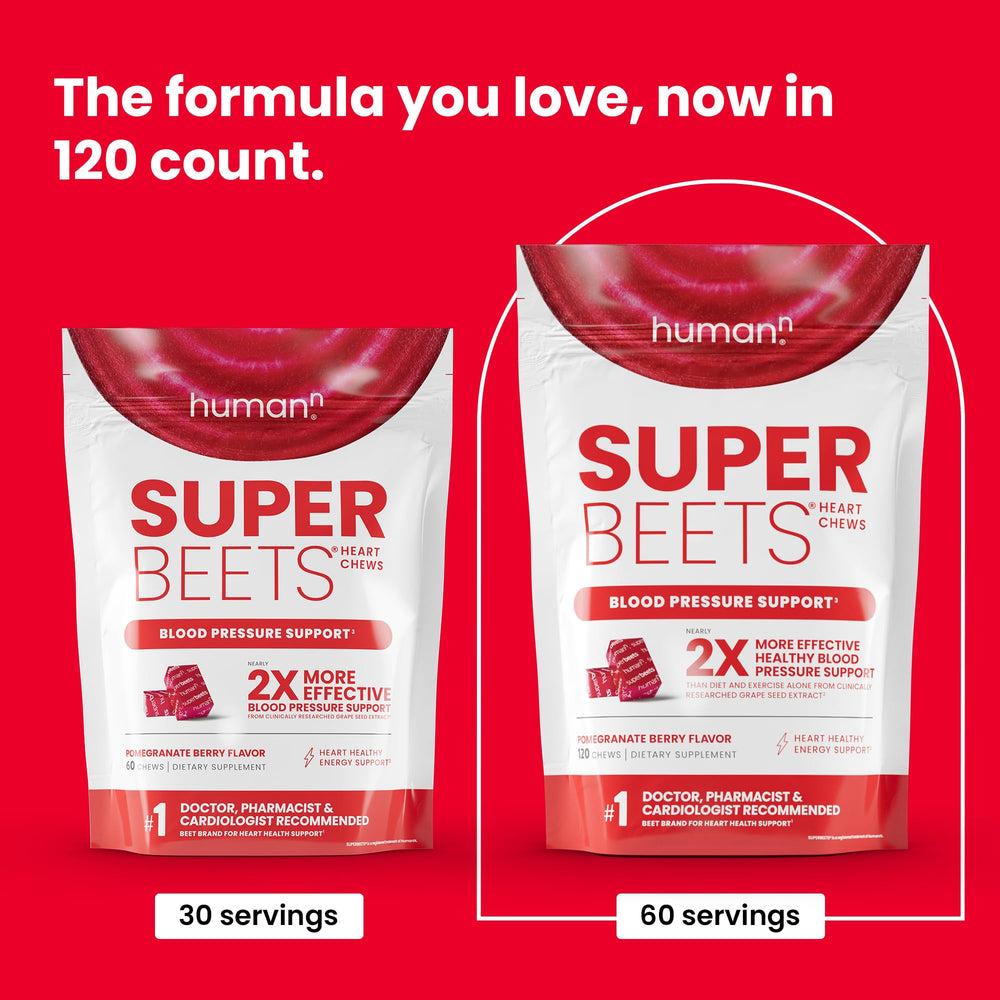 Humann SuperBeets Heart Chews bottle back with ingredients and details.