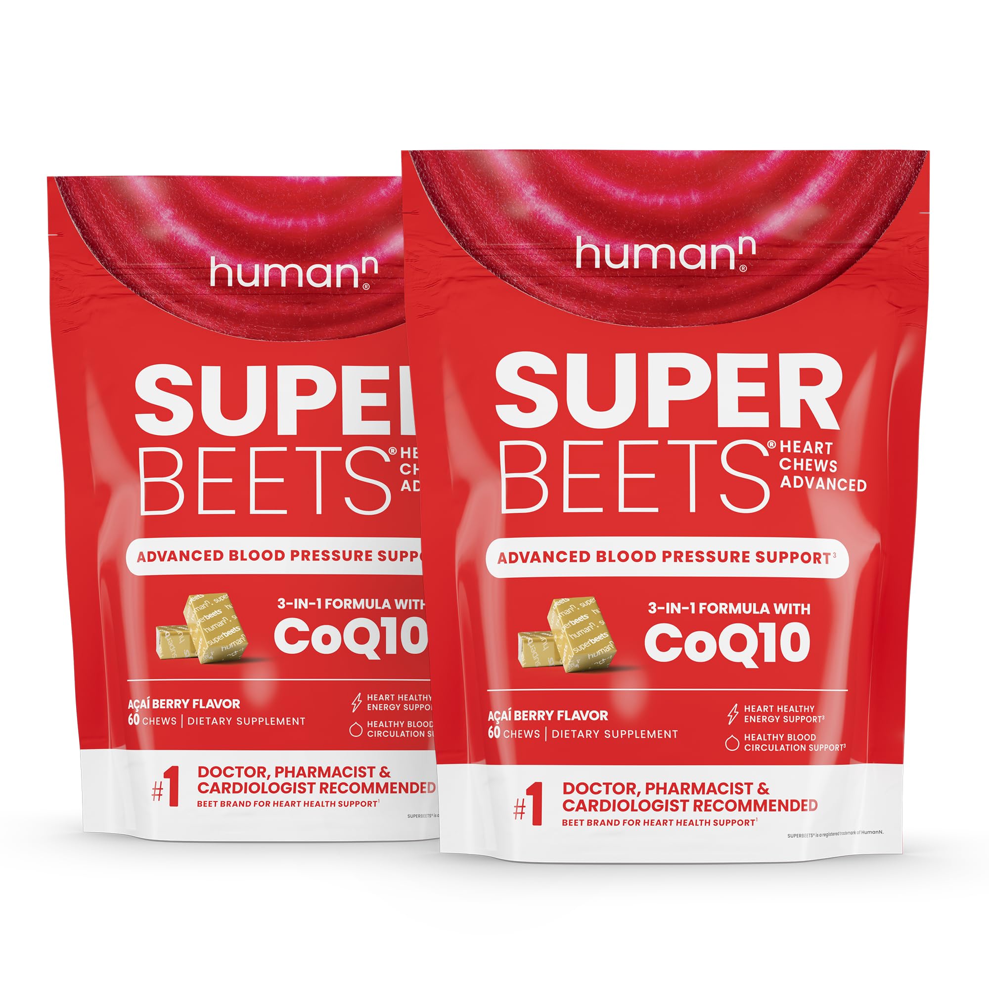 Humann SuperBeets Heart Chews bottle front highlighting beetroot and CoQ10 for daily energy support