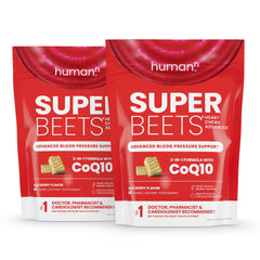 Humann SuperBeets Heart Chews bottle front highlighting beetroot and CoQ10 for daily energy support