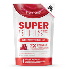 Humann SuperBeets Heart Chews bottle front showing on-the-go heart health support.