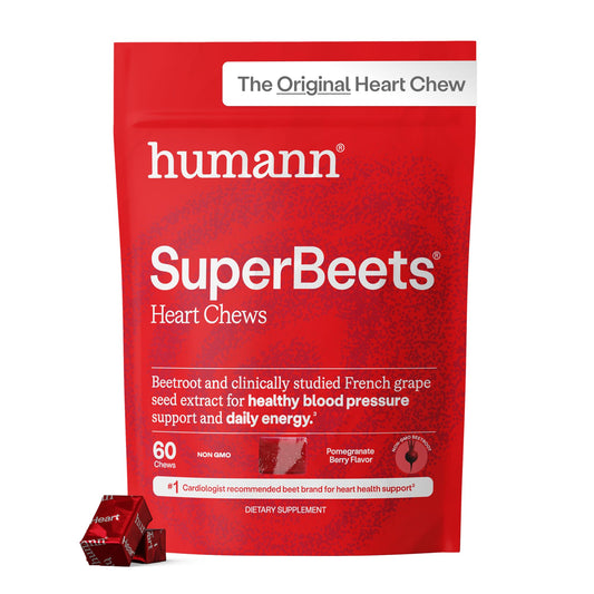 Humann SuperBeets Heart Chews bottle on a kitchen counter, supporting convenient heart health on the go.