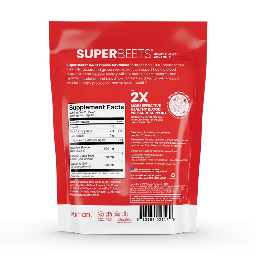 Humann SuperBeets Heart Chews on breakfast setup with juice for energy