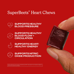 Close-up of Humann SuperBeets Heart Chews highlights chewy texture and berry flavor.
