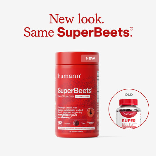 Humann SuperBeets Heart Gummies bottle pouring the gummies into a hand