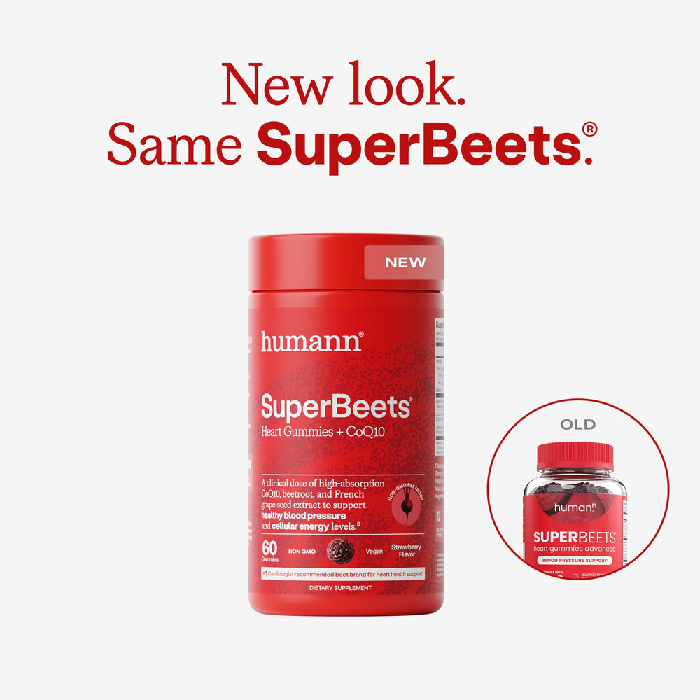 Humann SuperBeets Heart Gummies close-up, highlighting chewy texture and strawberry taste.