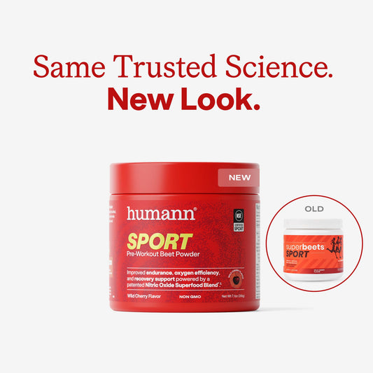 Humann SuperBeets Sport scoop beside jar illustrates clean fueling.