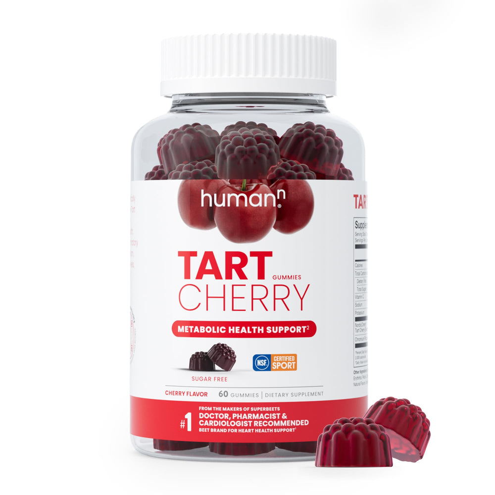 Humann Tart Cherry Gummies bottle showcasing a sugar-free vegan supplement for daily wellness