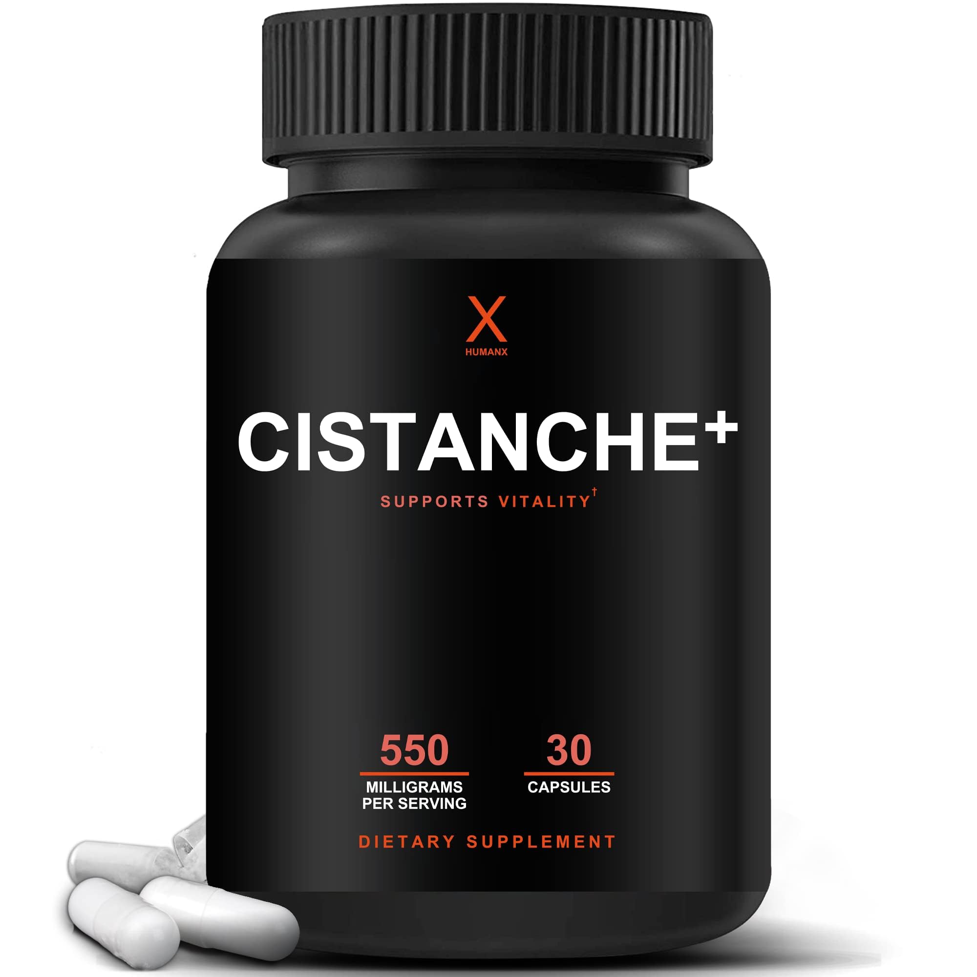 Humanx Cistanche+ 550mg bottle with easy-to-swallow capsules for daily vitality.