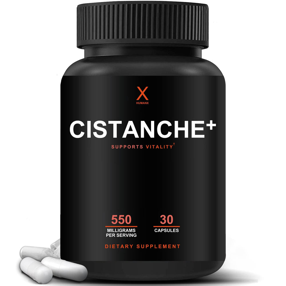 Humanx Cistanche+ 550mg bottle with easy-to-swallow capsules for daily vitality.