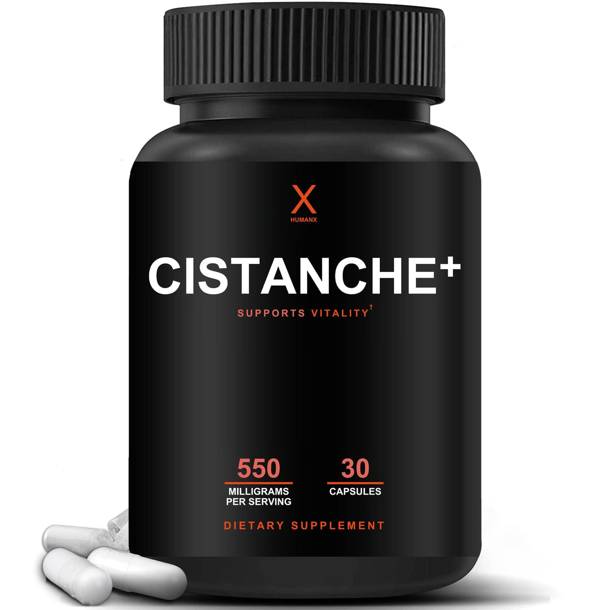 Humanx Cistanche+ 550mg bottle with easy-to-swallow capsules for daily vitality.
