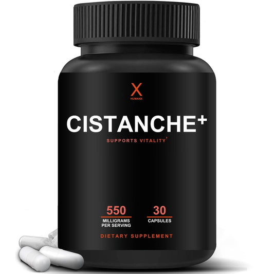 Humanx Cistanche+ 550mg bottle with easy-to-swallow capsules for daily vitality.
