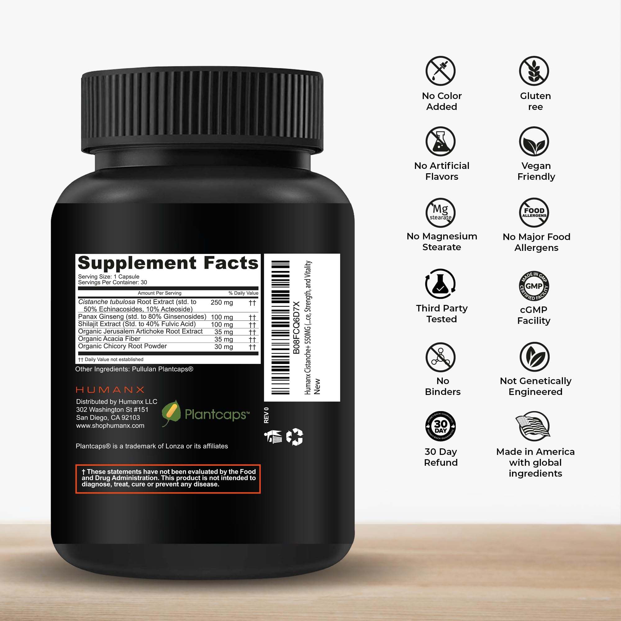 Humanx Cistanche+ capsules close-up showing smooth swallow design.