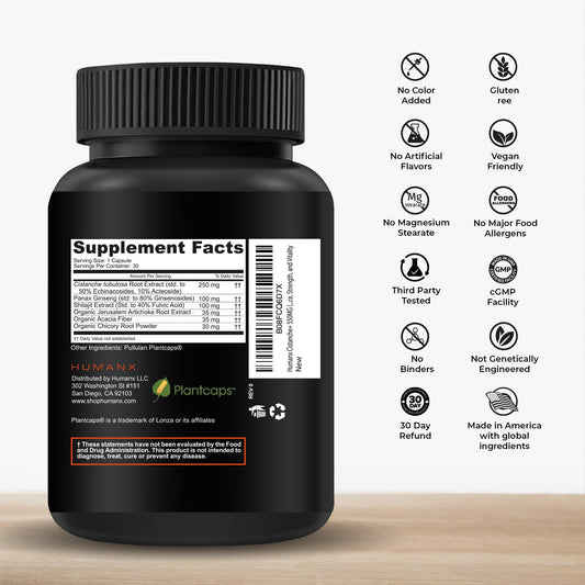 Humanx Cistanche+ capsules close-up showing smooth swallow design.