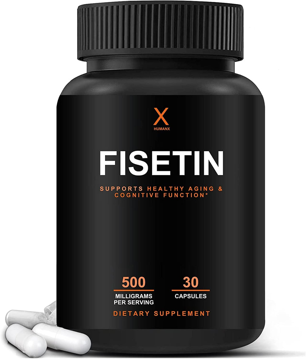 HumanX Fisetin 500mg bottle front showcases premium wellness packaging for daily use.