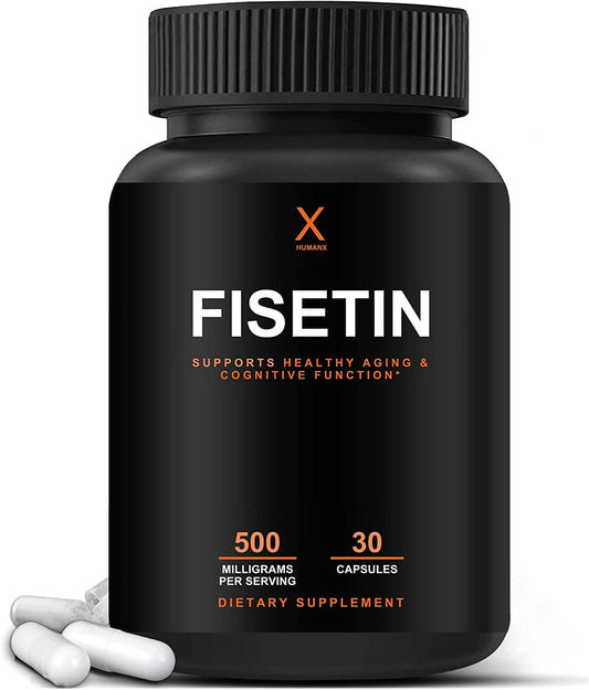 HumanX Fisetin 500mg bottle front showcases premium wellness packaging for daily use.