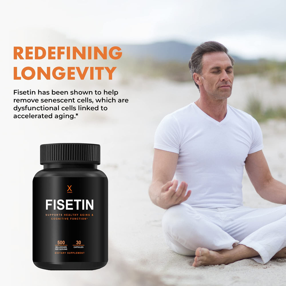 Side view of the HumanX Fisetin 500mg bottle shows easy daily dosing.