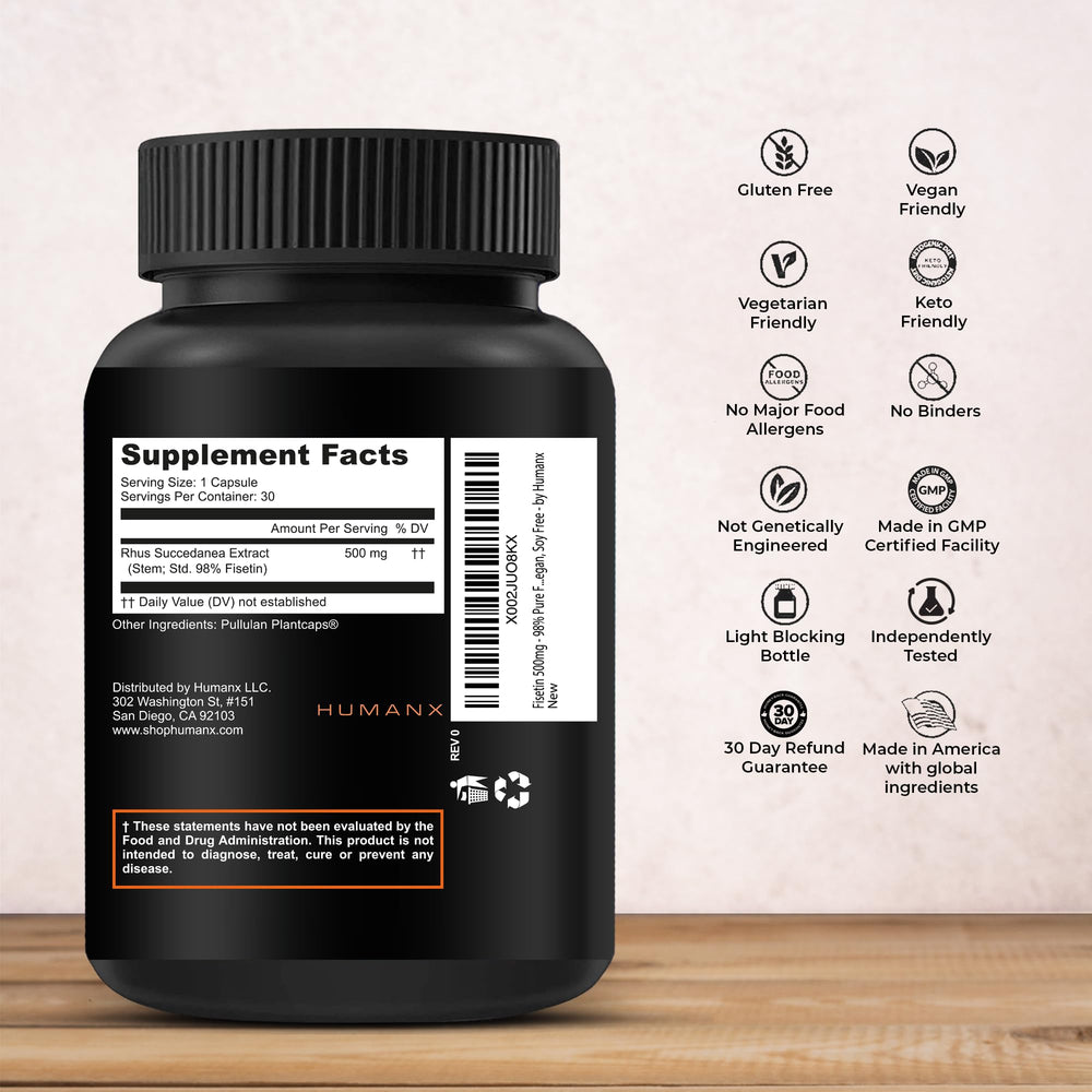Close-up of HumanX Fisetin 500mg capsules highlights a potent polyphenol formulation for cellular vitality.