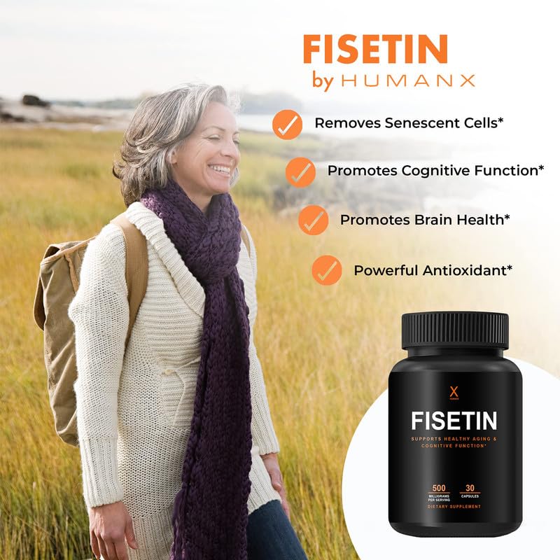 Label details on HumanX Fisetin 500mg emphasize non-GMO USA production.