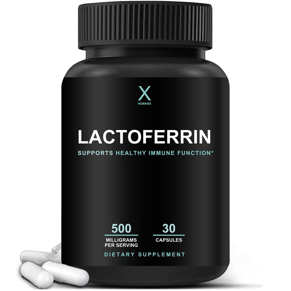 HUMANX Lactoferrin 500mg bottle with label highlighting immune support
