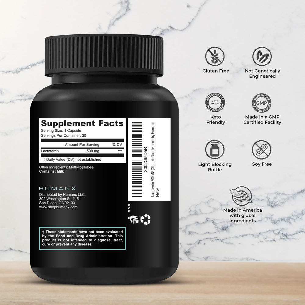 HUMANX Lactoferrin 500mg label close-up confirms gluten-free and non-GMO