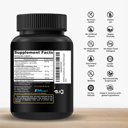 HUMANX organic prebiotics and punicaligans visual highlighting probiotic fuel