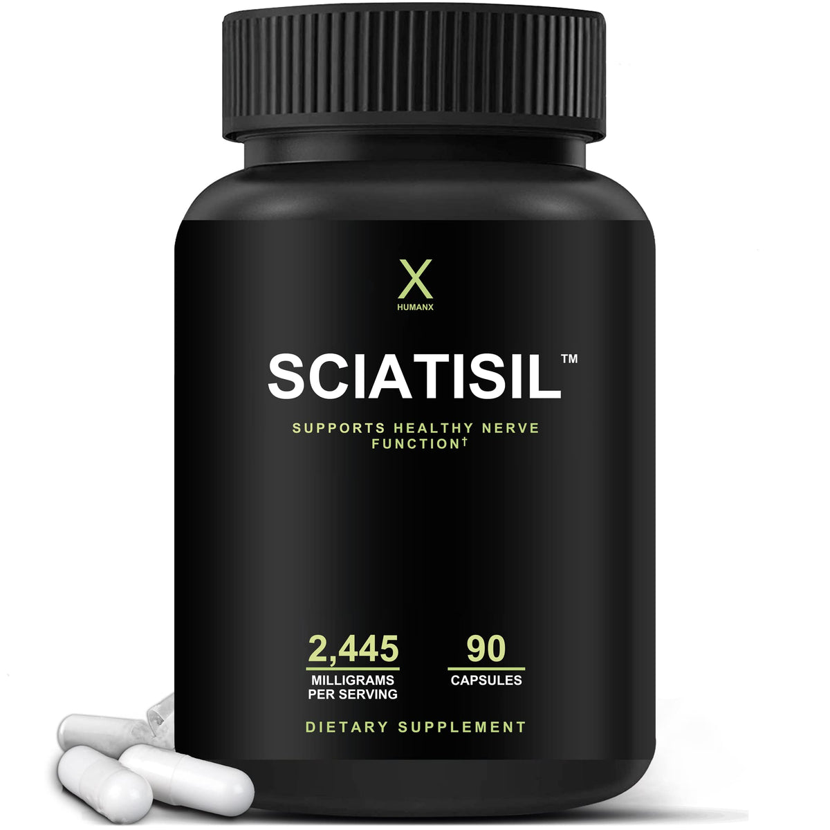 HUMANX Sciatisil bottle pour suggesting easy daily use for potential nerve support