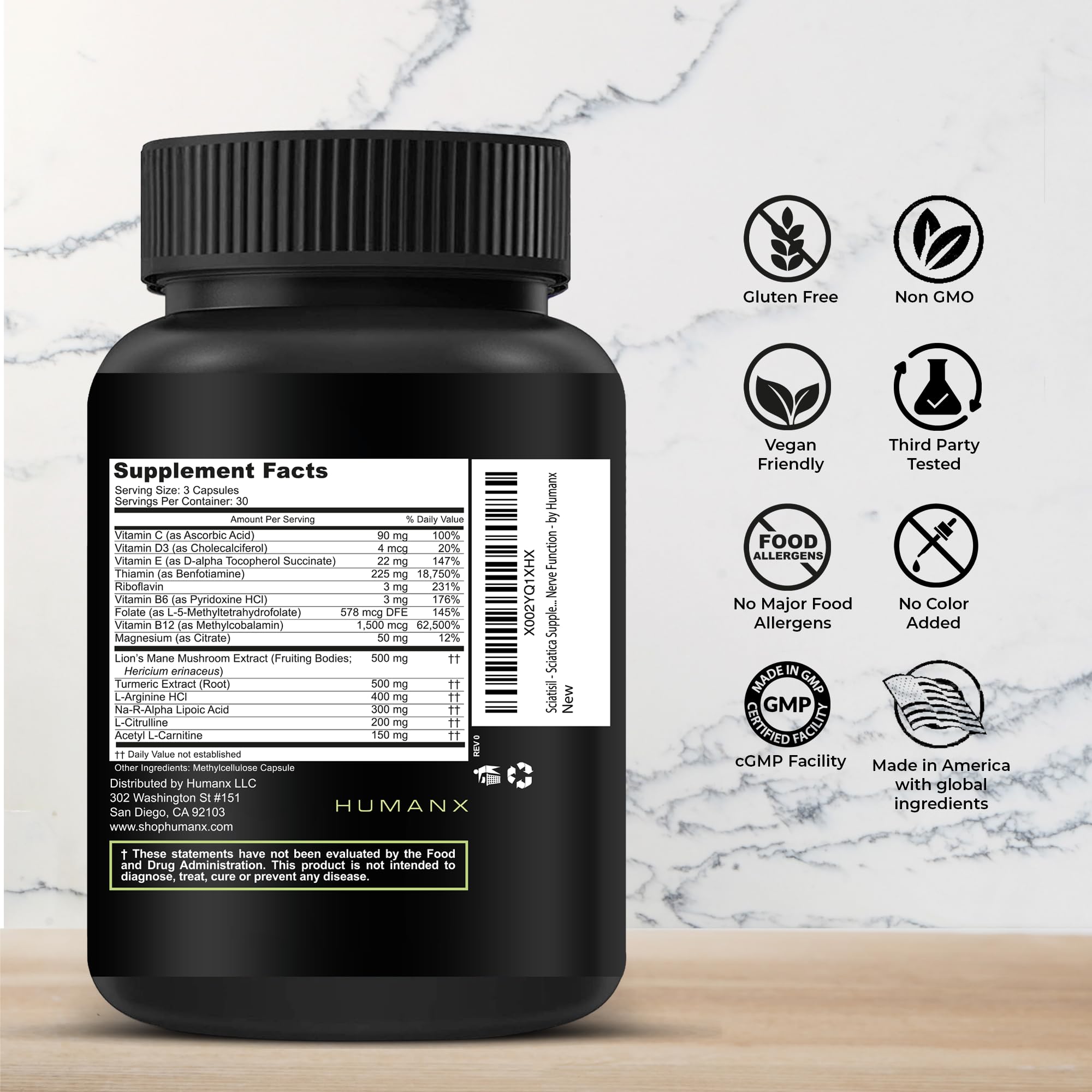 HUMANX Sciatisil capsules close-up showing a nutrient blend for nerve support