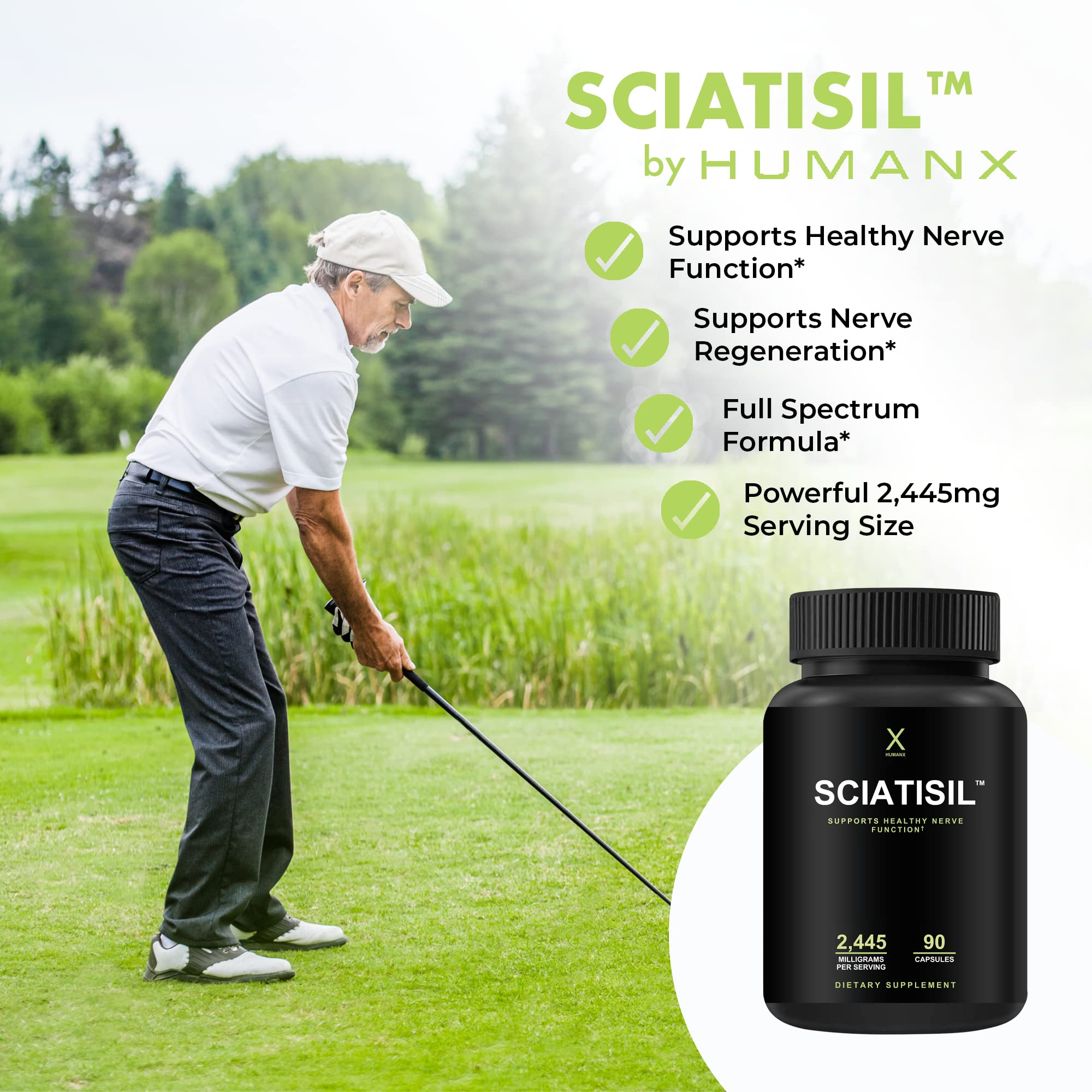 HUMANX Sciatisil label front highlighting USA-made, third-party tested quality