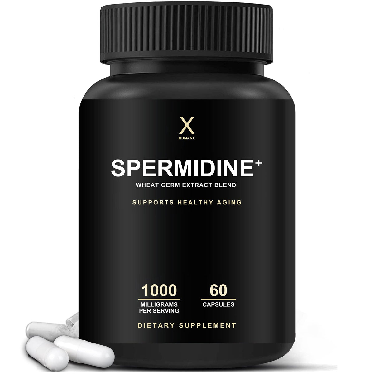 HumanX Spermidine+ bottle front showing potential cellular renewal support.