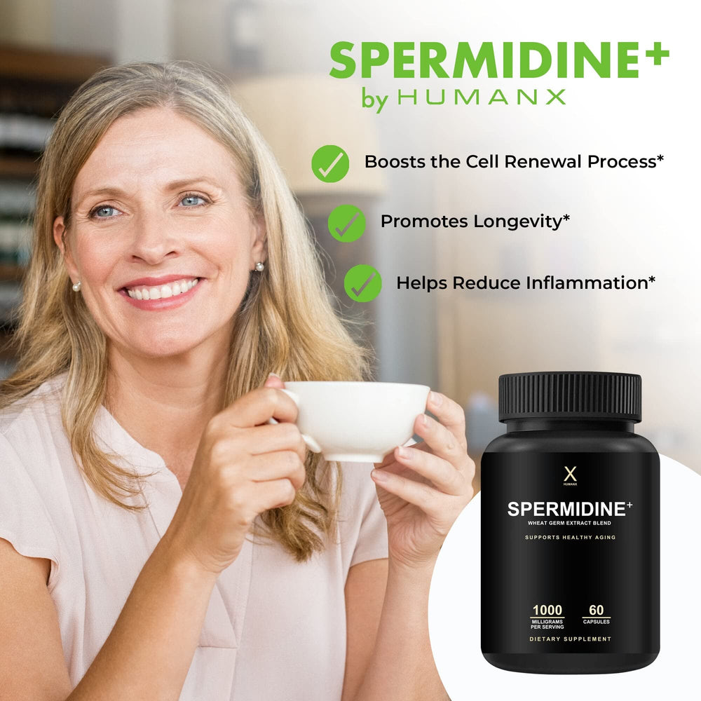 HumanX Spermidine+ ingredients label featuring wheat germ extract with zinc and thiamine.