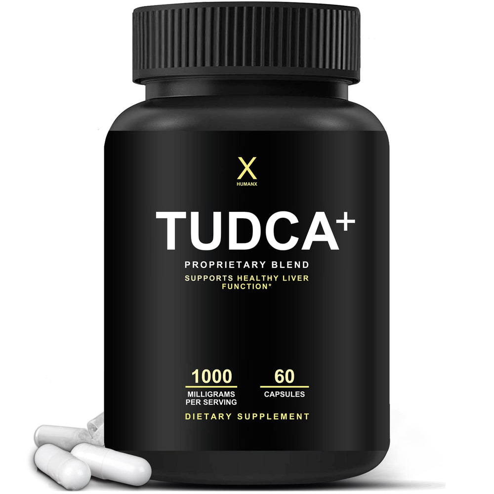 HumanX Tudca+ 1000mg bottle with easy-to-swallow capsules for daily liver support.