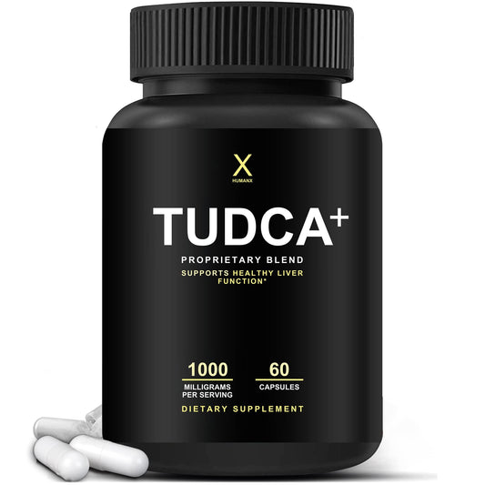 HumanX Tudca+ 1000mg bottle with easy-to-swallow capsules for daily liver support.