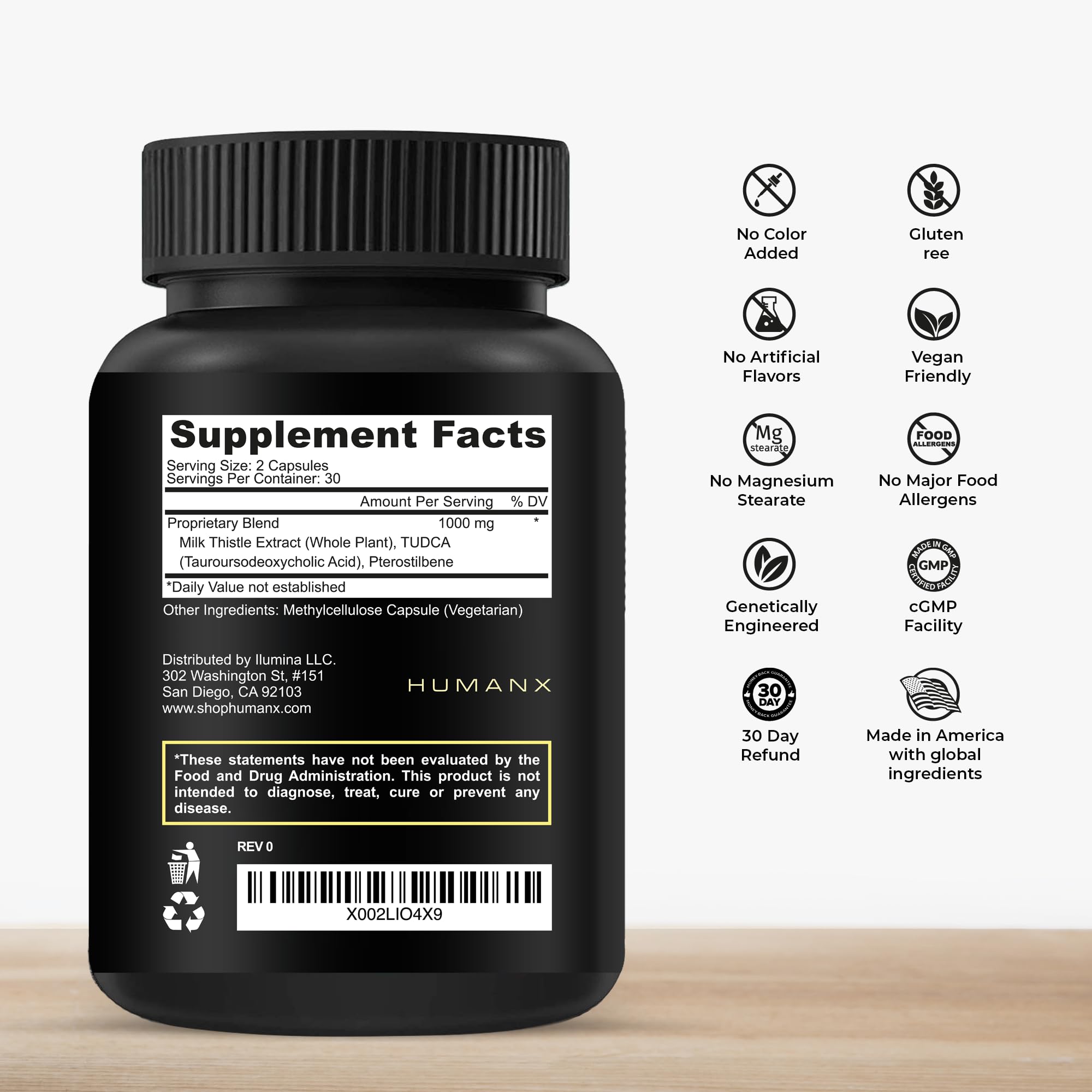 Closeup of HumanX Tudca+ capsules highlighting a high-potency formula for liver health.