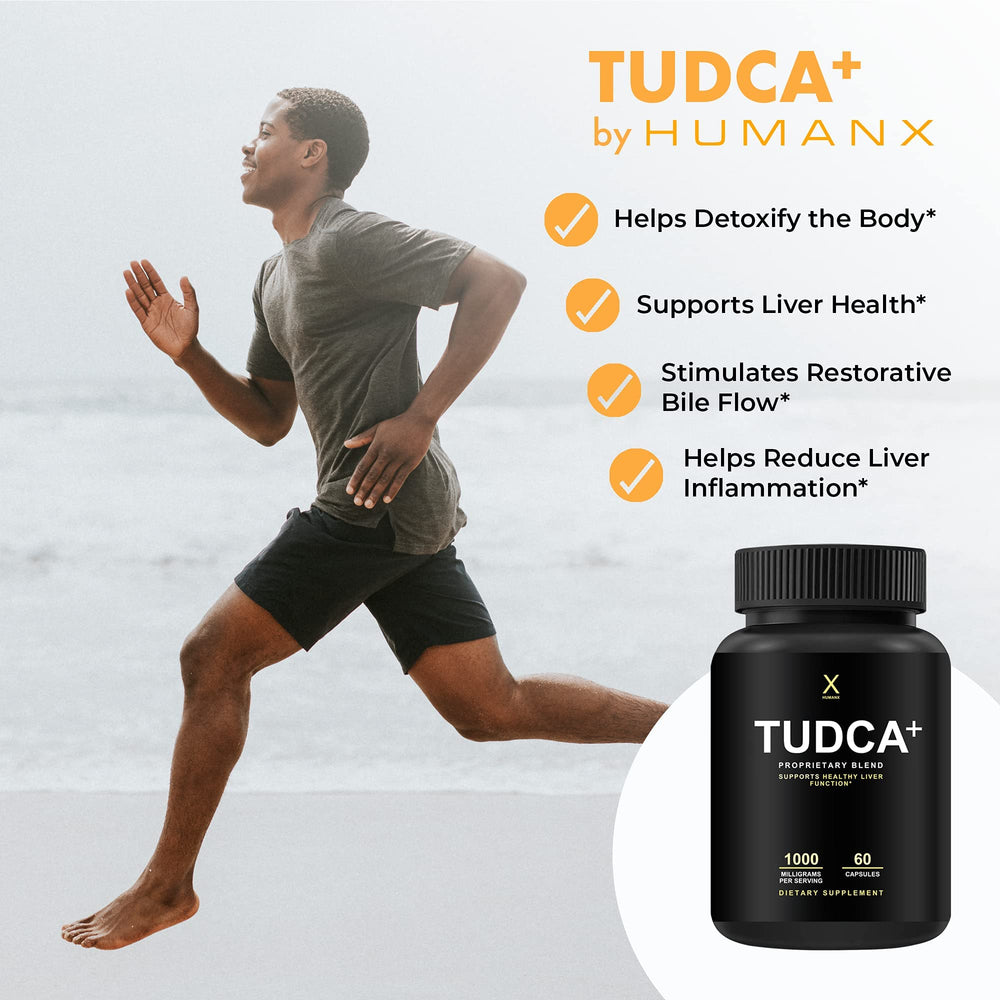 HumanX Tudca+ bottle shows milk thistle in the formulation for liver support.