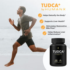 HumanX Tudca+ bottle shows milk thistle in the formulation for liver support.