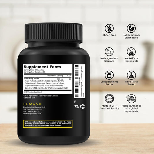 HUMANX Turkesterone & Tongkat Ali 900mg capsules closeup highlighting active ingredients.