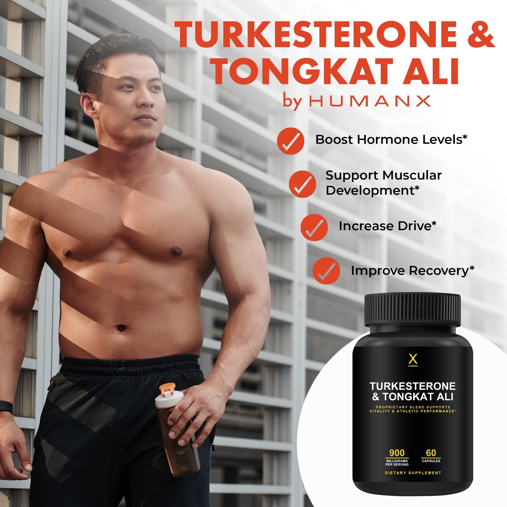 HUMANX Turkesterone & Tongkat Ali 900mg label detail showing purity and potency.