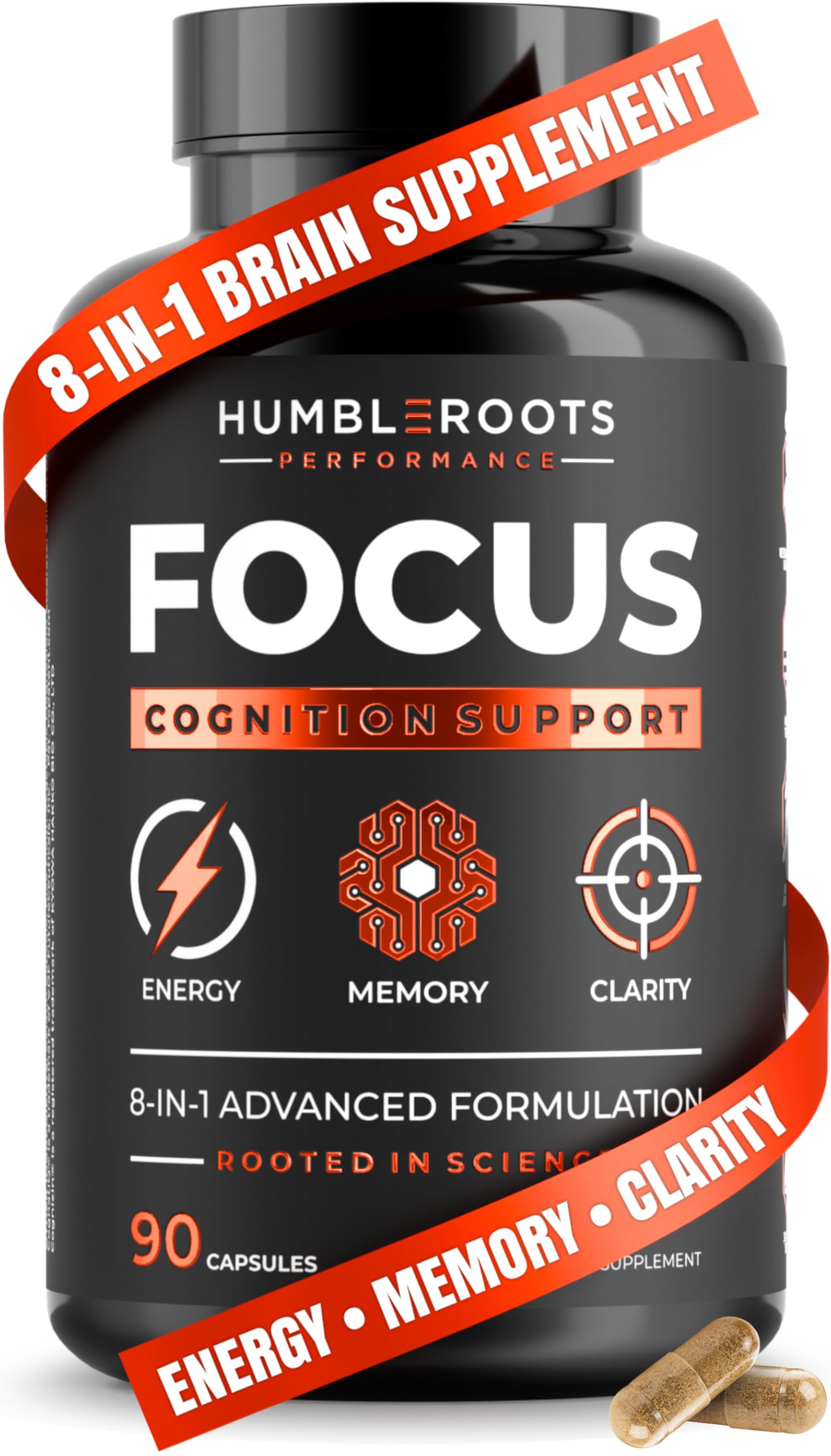 HUMBLEROOTS FOCUS bottle front showing 90 capsules for steady energy and focus