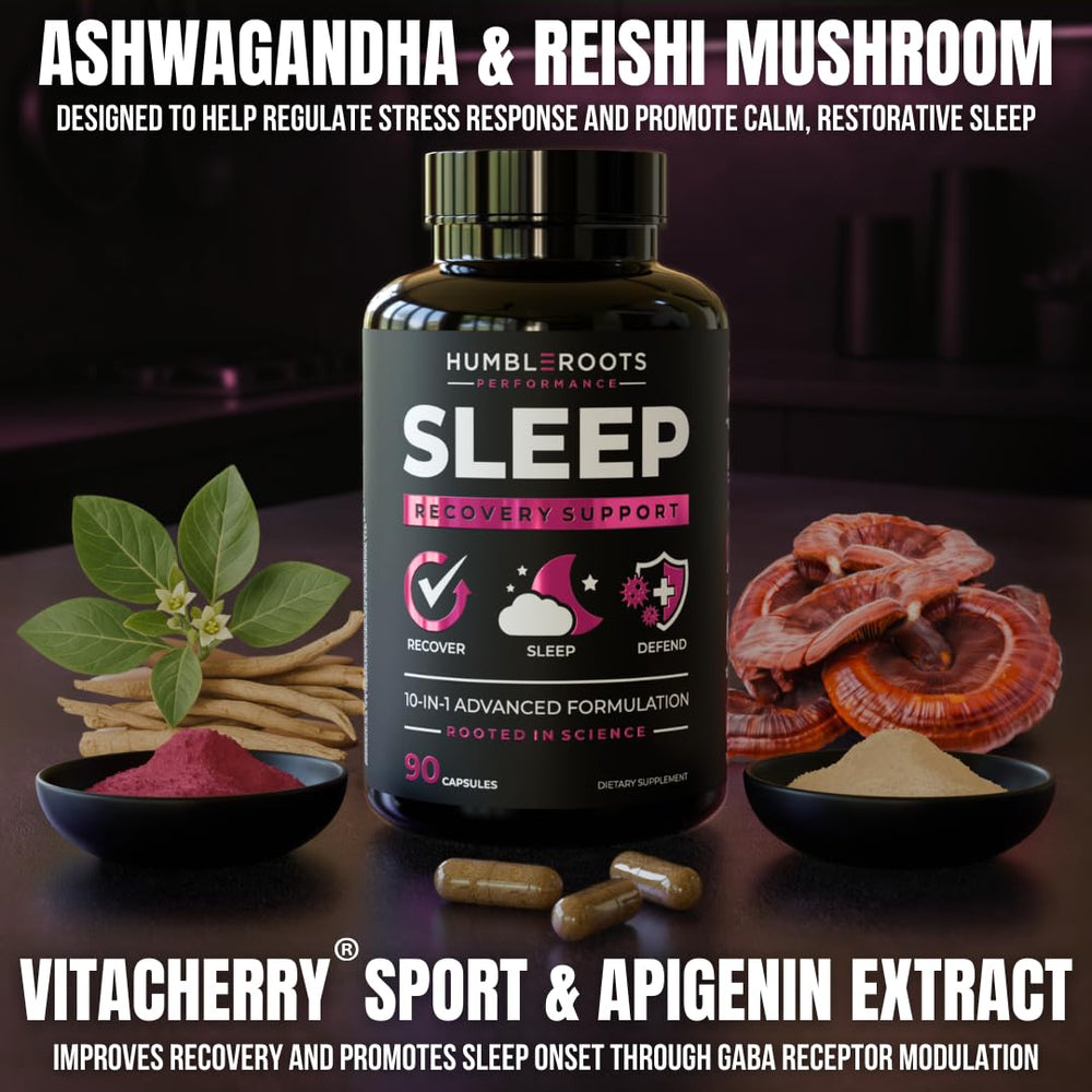 Humbleroots Performance Sleep ashwagandha feature supports stress-friendly rest.
