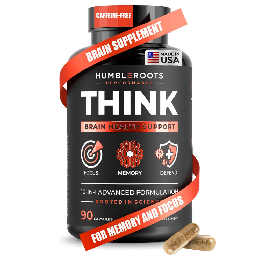 HUMBLEROOTS PERFORMANCE bottle front promoting caffeine-free focus support.
