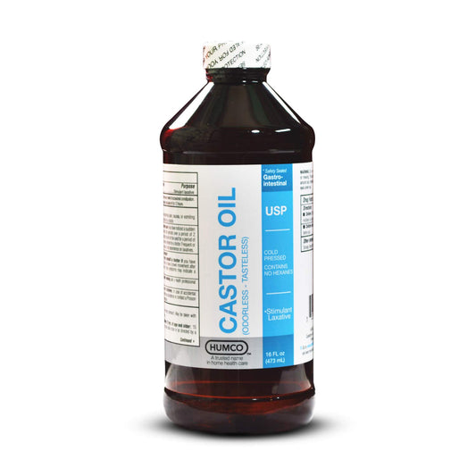 Humco Castor Oil 16oz bottle label shows USP purity for internal use.